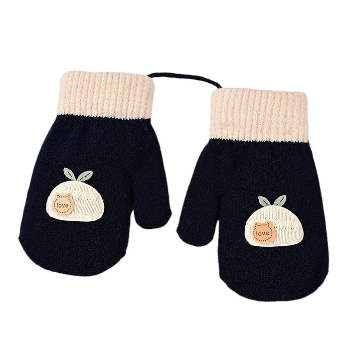 Manusi copii, model dragut cu un singur degetel si snur, manseta elastica, accesorizate cu figurine vesele, tematica happy winter, unisex, marime 3 – 8 ani, albastru marin inchis, EFAYN