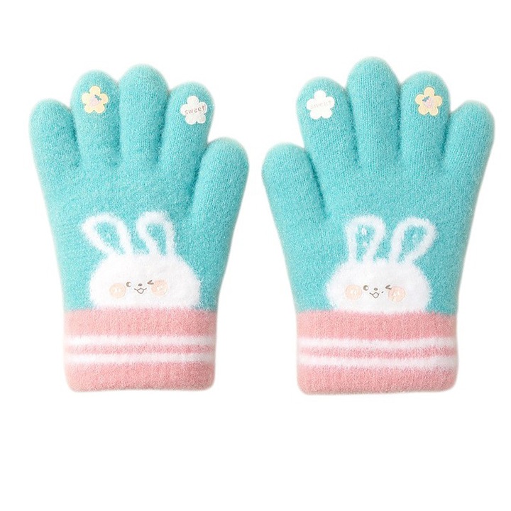 Manusi copii, model pufos cu manseta elastica, accesorizate cu iepuras si floricele, tematica happy bunny, unisex, marime 3 – 5 ani, turcoaz, EFAYN