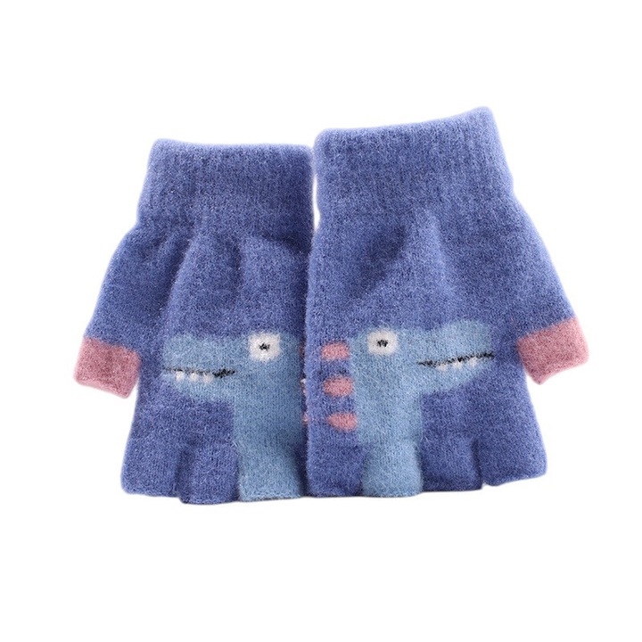 Manusi pentru copii, model cu degetele descoperite, imprimeu cu dinozaur, detalii de contrast, tematica funny dino, unisex, marime 4 – 8 ani, albastru inchis, EFAYN