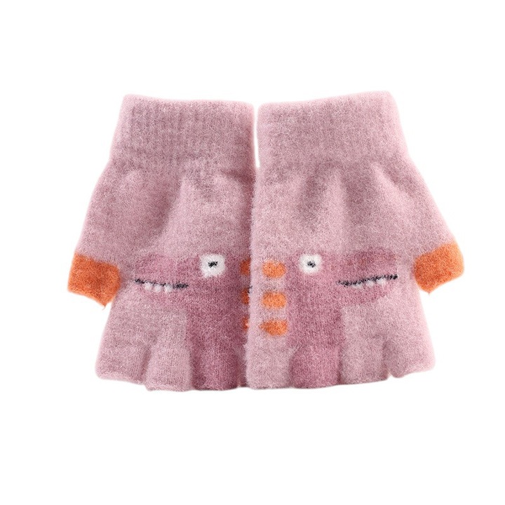 Manusi pentru copii, model cu degetele descoperite, imprimeu cu dinozaur, detalii de contrast, tematica funny dino, unisex, marime 4 – 8 ani, roz, EFAYN