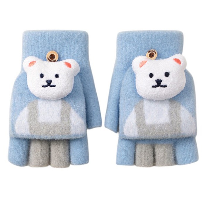 Manusi pentru copii, model cu degetele descoperite si capac decapotabil, prindere cu nasturel, accesorizate cu ursulet, tematica little bear, unisex, marime 7 – 12 ani, albastre, EFAYN