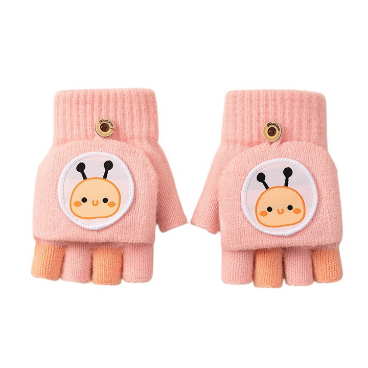 Manusi pentru copii, model cu degetele descoperite si capac decapotabil, prindere cu nasturel, accesorizate cu figurine vesele, tematica happy day, unisex, marime 9 – 12 ani, roz, EFAYN