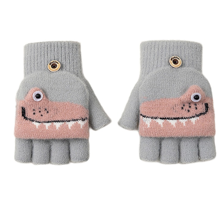 Manusi pentru copii, model cu degetele descoperite si capac decapotabil, prindere cu nasturel, accesorizate cu dinozauri, tematica sweet little monster, baieti, marime 7 – 9 ani, gri deschis, EFAYN