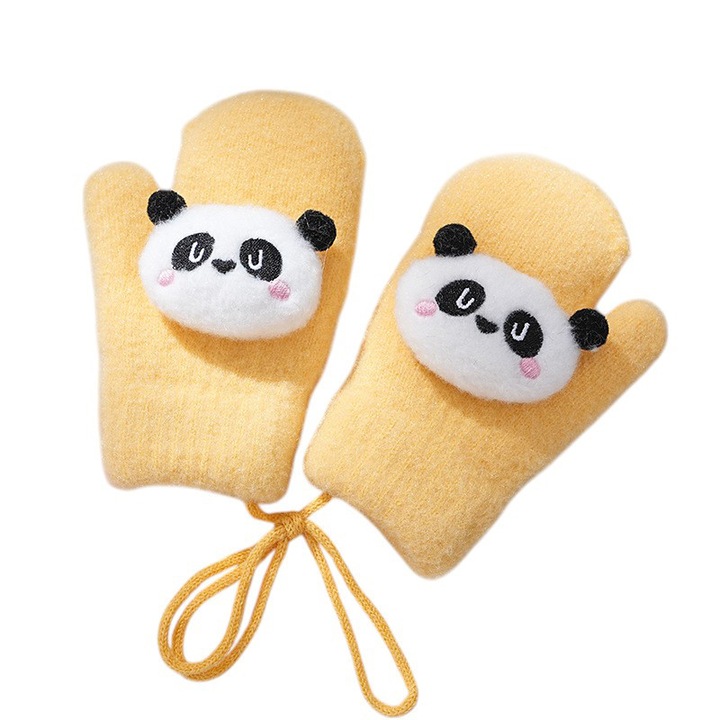 Manusi copii, model pufos cu un singur degetel si snur, manseta elastica, accesorizate cu ursuleti, tematica panda mania, unisex, marime 2 – 8 ani, galbene, EFAYN