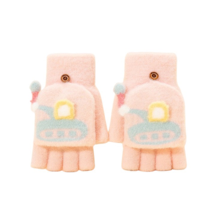 Manusi pentru copii, model cu degetele descoperite si capac decapotabil, prindere cu nasturel, accesorizate cu excavator, tematica micul explorator, baieti, marime 6 – 11 ani, roz deschis, EFAYN