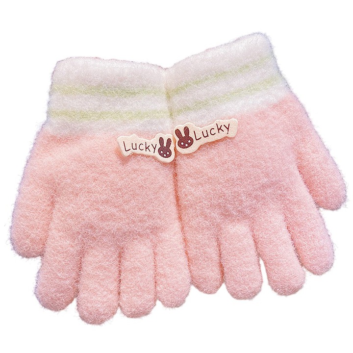 Manusi pentru copii, model pufos si vesel, manseta elastica cu detalii de contrast, tematica lucky bunny, unisex, marime 3 – 8 ani, roz, EFAYN