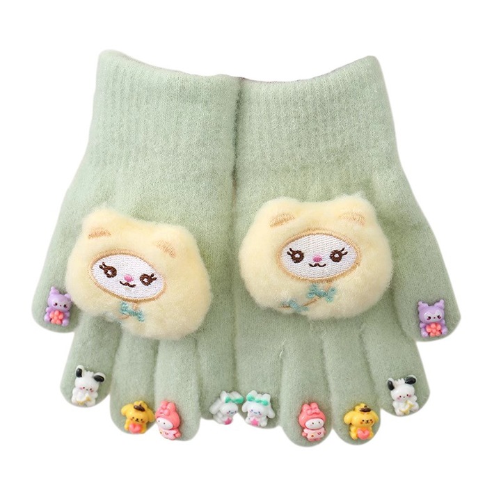 Manusi copii, model deosebit cu manseta elastica, accesorizate cu figurine super haioase, tematica feeling special, fetite, marime 6 – 12 ani, verzi, EFAYN