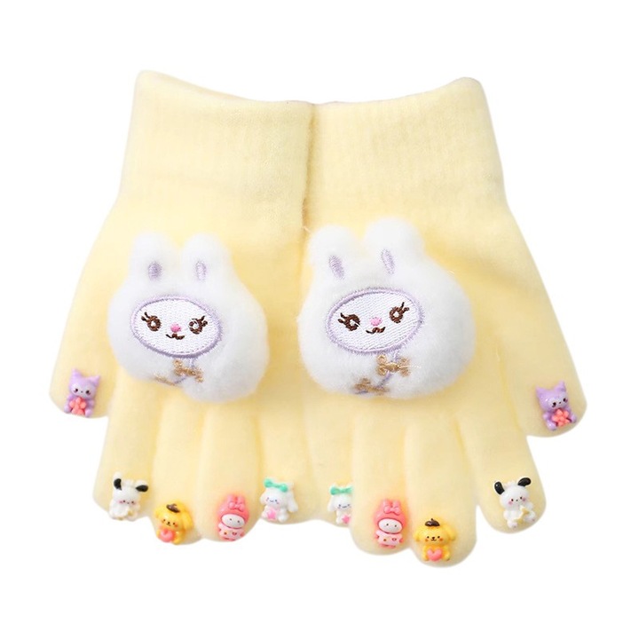 Manusi copii, model deosebit cu manseta elastica, accesorizate cu figurine super haioase, tematica feeling special, fetite, marime 6 – 12 ani, galbene, EFAYN