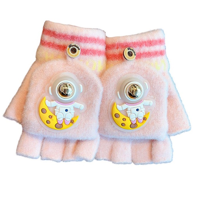 Manusi pentru copii, model cu degetele descoperite si capac decapotabil, prindere cu nasturel, accesorizate cu astronaut, tematica funny day, unisex, marime 4 – 10 ani, roz, EFAYN