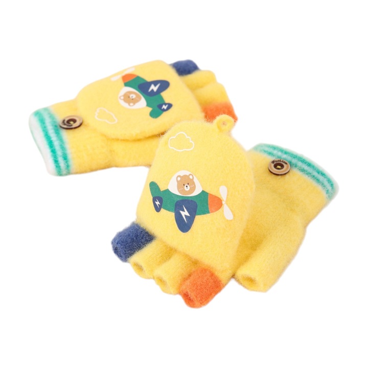 Manusi pentru copii, model cu degetele descoperite si capac decapotabil, prindere cu nasturel, accesorizate cu ursulet si avion, tematica born to fly, unisex, marime 3 – 5 ani, galbene, EFAYN