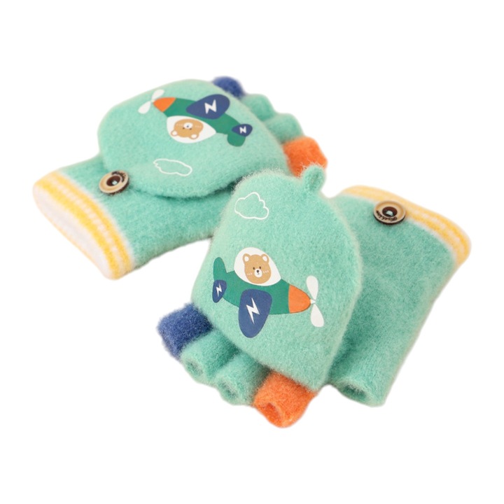 Manusi pentru copii, model cu degetele descoperite si capac decapotabil, prindere cu nasturel, accesorizate cu ursulet si avion, tematica born to fly, unisex, marime 3 – 5 ani, verzi, EFAYN