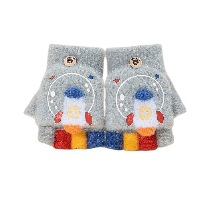 Manusi pentru copii, model cu degetele colorate descoperite si capac decapotabil, prindere cu nasturel, accesorizate cu racheta, tematica universul piticilor, baieti, marime 3 – 5 ani, gri, EFAYN