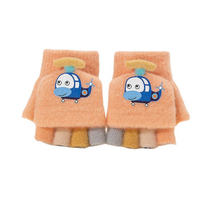 Manusi pentru copii, model cu degetele colorate descoperite si capac decapotabil, prindere cu nasturel, accesorizate cu elicopter haios, tematica let's play, unisex, marime 3 – 5 ani, portocalii, EFAYN