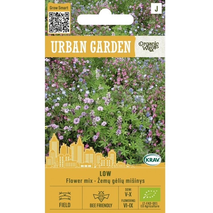 Seminte organice, Amestec de flori Low, Urban Garden, plic, 0.5 gr