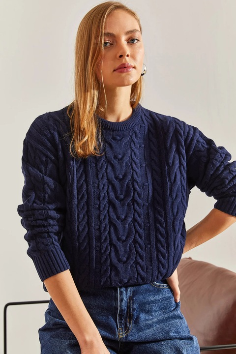 Pulover dama, HiCCUP, guler rotund, texturat, bleumarin, tricot, S-M INTL