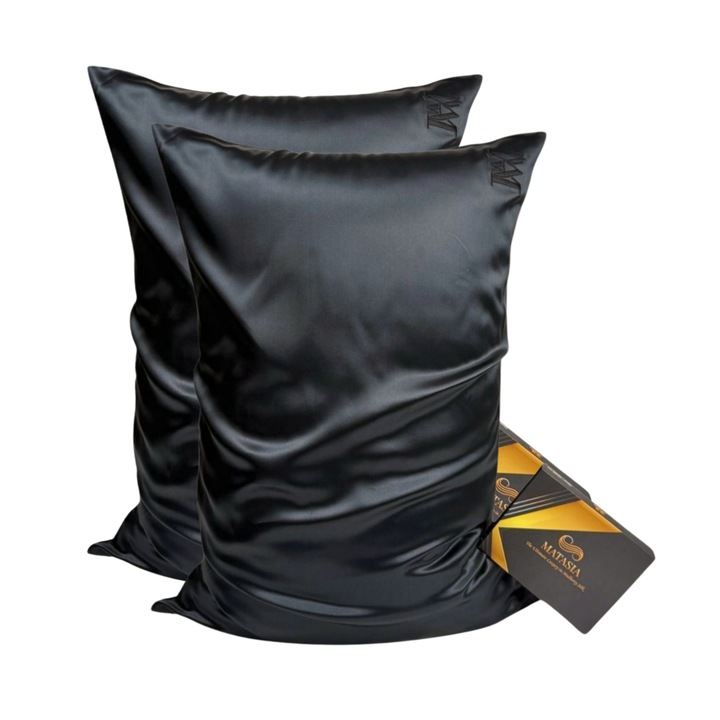 Комплект Двойна Калъфка за Възглавница – 2 Калъфки за Възглавница от 100% Естествена Черничева Коприна 22 Momme, 50×70 см, Черен – Против Бръчки & Против Накъсване – Премиум Качество – Matasia®