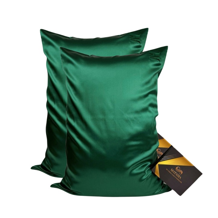 Комплект Двойни Калъфки – 2 Калъфки от 100% Естествена Черничева Коприна 22 Momme, 50×70 см, Изумрудено Зелено – Против Бръчки & Против Накъсване – Премиум Качество – Matasia®