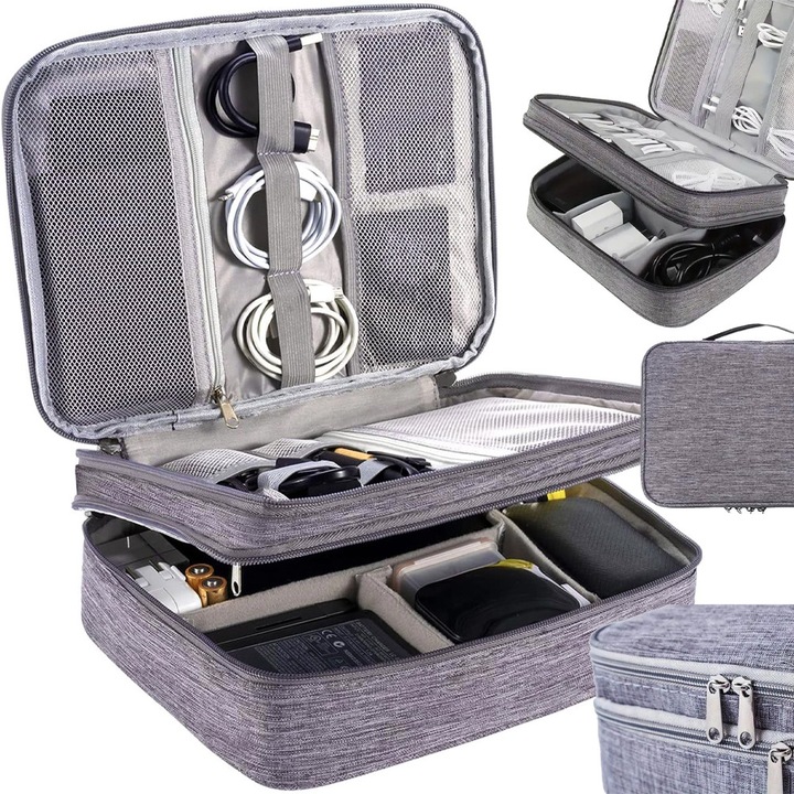 Organizator Calatorie pentru Cabluri, Incarcatoare si Accesorii, Compartimente multiple, Impermeabil, 27 x 20 x 10 cm, Gri
