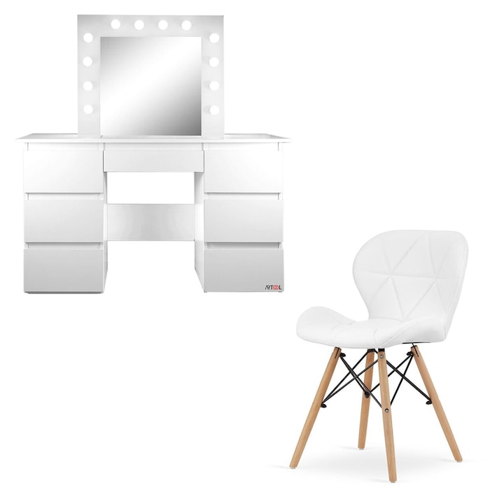 Тоалетка/маса за гримиране + Скандинавски стол Lago, бяла, с огледало и LED осветление, Vanessa, 130x43x143 см