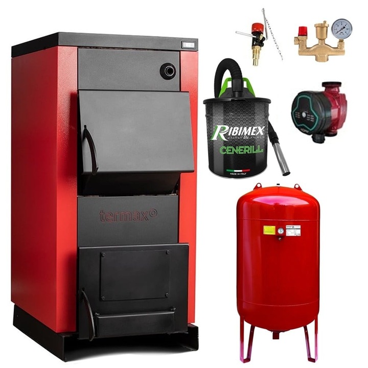 Pachet centrala/Cazan pe lemn Termax 35 kW, cu ardere standard, volum manta apa 105 litri, Vas Expansiune, Pompa Recirculare, Grup siguranta, Regulator tiraj si Aspirator cenusa