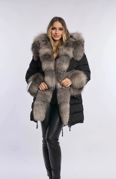 Geacă neagră, blană naturală de vulpe argintie, Negru