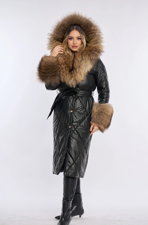 Geaca fas neagra cu blana naturala de raton, gluga plina - 3xl