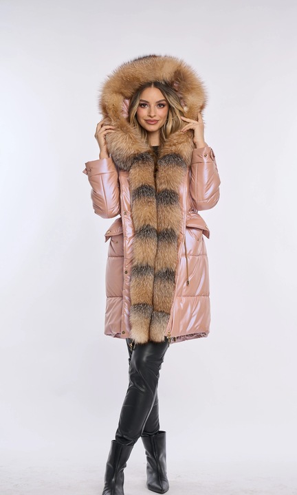 Geacă parka luxus roz, blană naturală de vulpe, Roz