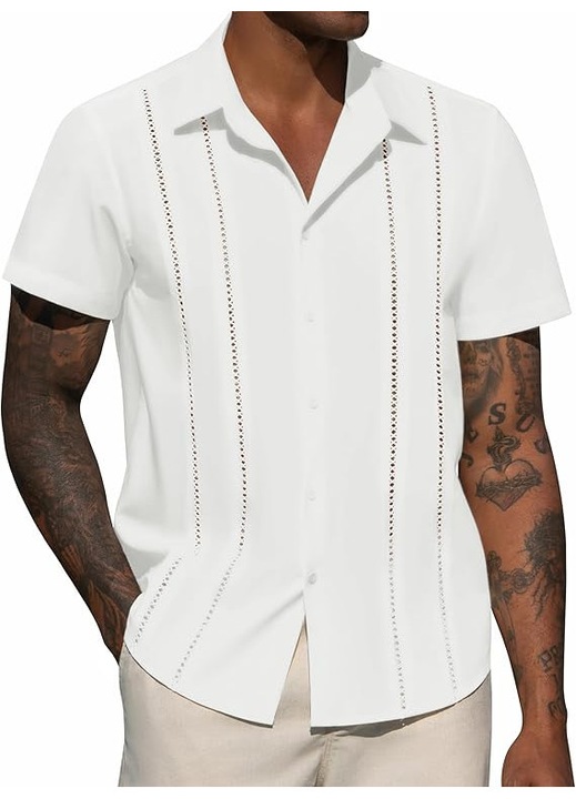 Camasa pentru Barbati din In si Bumbac, cu maneca scurta – Stil Cuban Guayabera, Confortabila, Respirabila, Perfecta pentru Vara, Alba, Marimea L