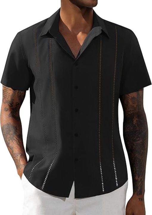 Camasa pentru Barbati din In si Bumbac, cu maneca scurta – Stil Cuban Guayabera, Confortabila, Respirabila, Perfecta pentru Vara, Negru