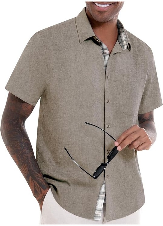 Camasa pentru Barbati din In si Bumbac – Design Unic cu Detalii Colorate, Lejera, Respirabila si Perfecta pentru Vara, Maro cenusiu