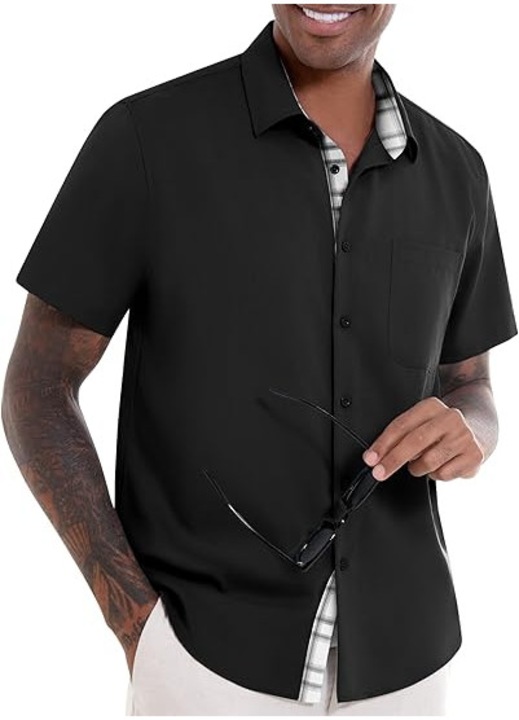 Camasa pentru Barbati din In si Bumbac – Design Unic cu Detalii Colorate, Lejera, Respirabila si Perfecta pentru Vara, Neagra, Negru