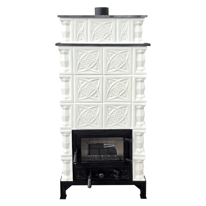 Semineu teracota Gospodarul 6 randuri diamant alb, usa sticla mare, polita randul 5, evacuare verticala, 160 cm x 67 cm x 46 cm