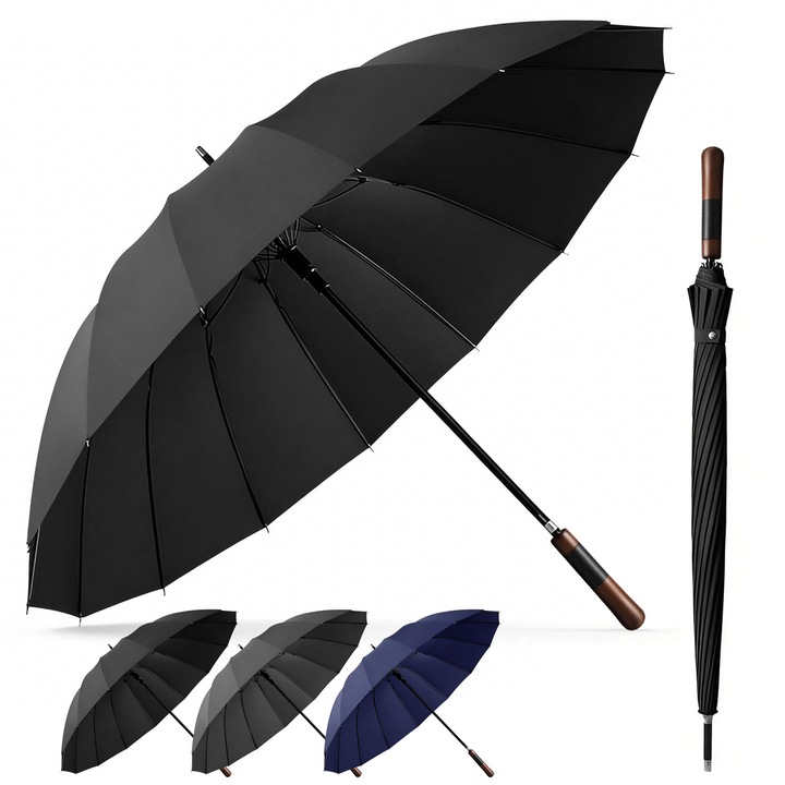 Unisex klasszikus esernyő, Brillsten, 125 cm átmérő, egyenes fa fogantyúval, 16 üvegszálas rúd, eső- és szélvédelem, egy kattintásos nyitórendszer, gyors száradás, fekete