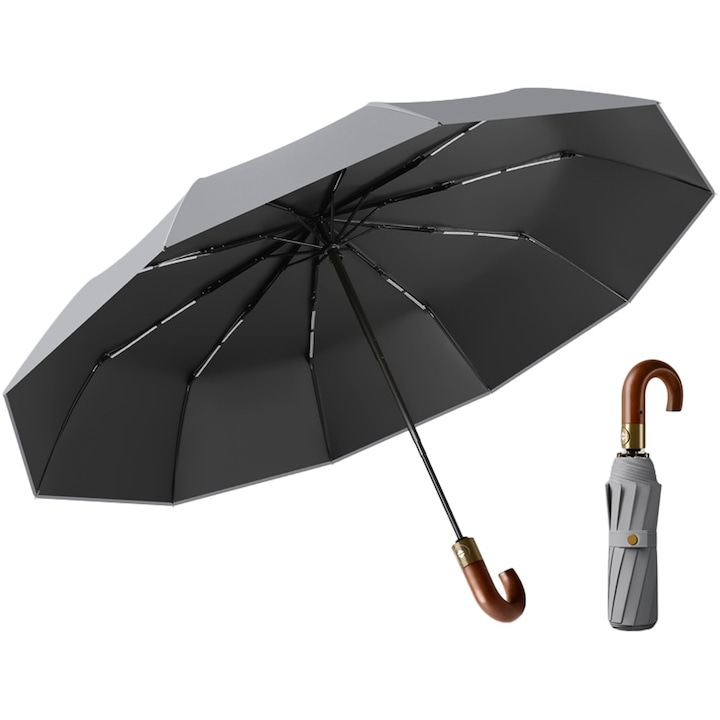 Umbrela de Lux pliabila, Brillsten, Deschidere Automata, Diametru 125 cm doua persoane, U Maner clasic de lemn, 10 tije fibra de sticla, Protectie UV & Ploaie, Unisex, Compact, Usoara, Gri