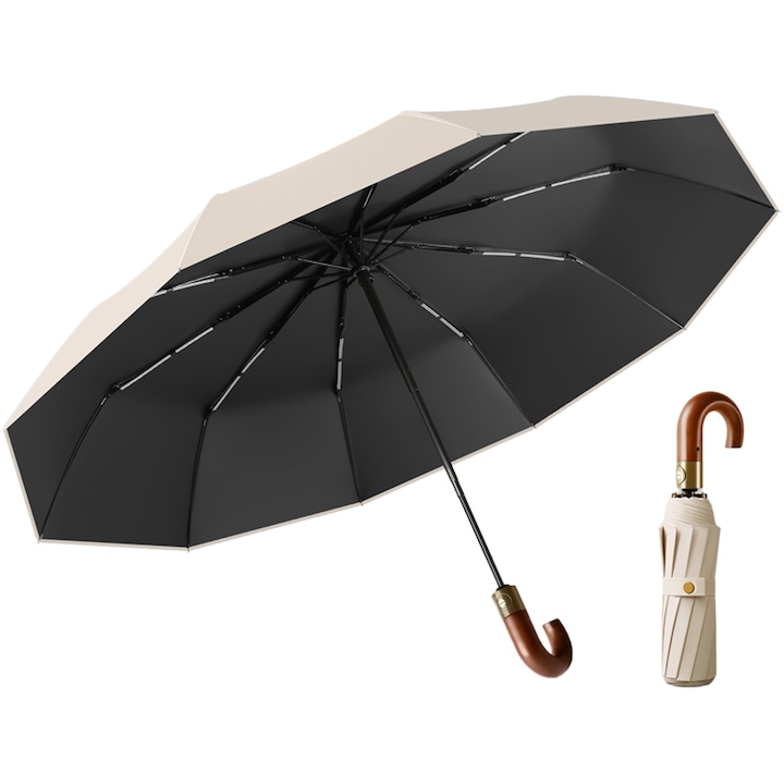 Umbrela de Lux pliabila, Brillsten, Deschidere Automata, Diametru 125 cm doua persoane, U Maner clasic de lemn, 10 tije fibra de sticla, Protectie UV & Ploaie, Unisex, Compact, Usoara, Aproape Alb