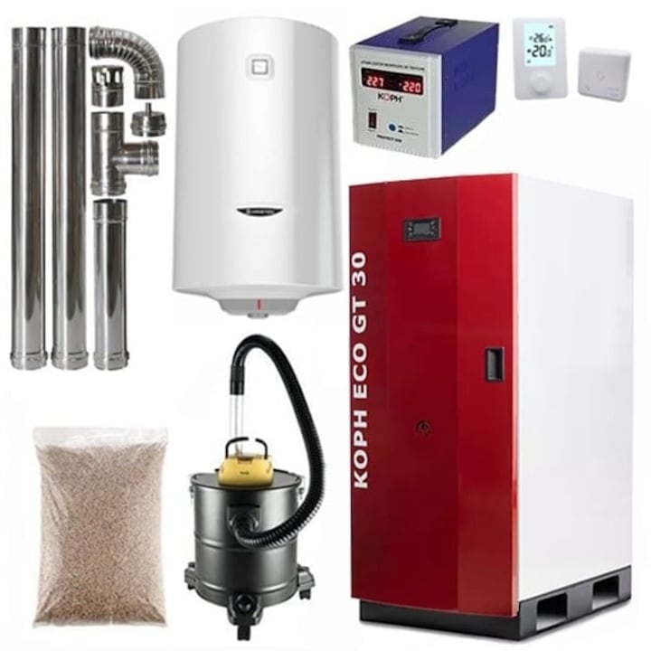Pachet centrala termica cu peleti KOPH GT 30 kW, pompa de circulatie, vas de expansiune, supapa de siguranta, display electronic, boiler termoelectric 100 litri