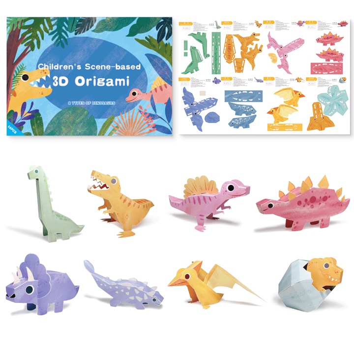 Комплект Образователна 3D Оригами Играчка за Деца - Развива Креативността и Въображението - Естествено Соево Мастило, Безопасно и Без Мирис - Препоръчително за 3+ Години - 8 Модела Динозаври, синьо