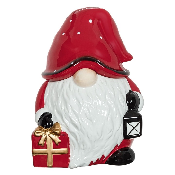 Recipient pentru biscuiți ceramic, Shopiens, gnome Crăciun, cadou roșu, felinar negru, 18x17x25cm