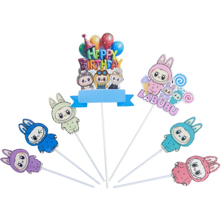 Torta topper dekoráció kartonból, Labubu rajzfilmes téma fagyival és nyalókákkal, évfordulóra - 7 darab