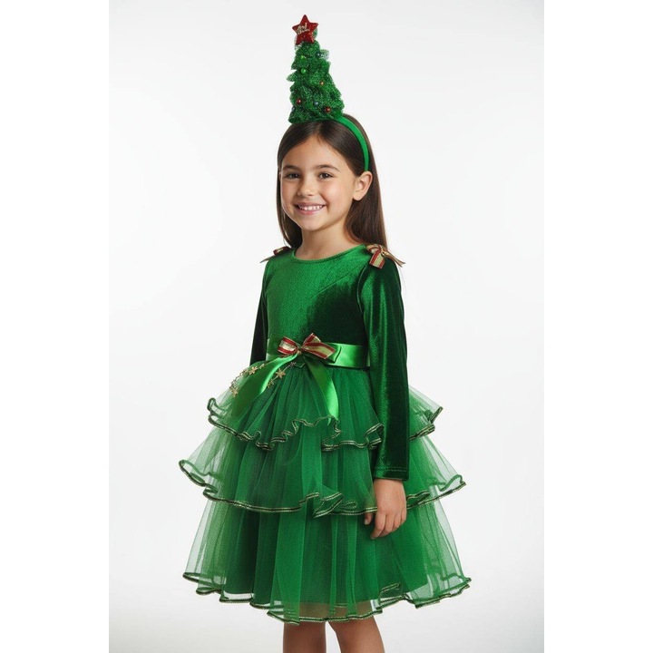 Rochie fete, bradut verde model festiv, 122-128 cm, /7 ani set cu coronita -Ideea Atelier