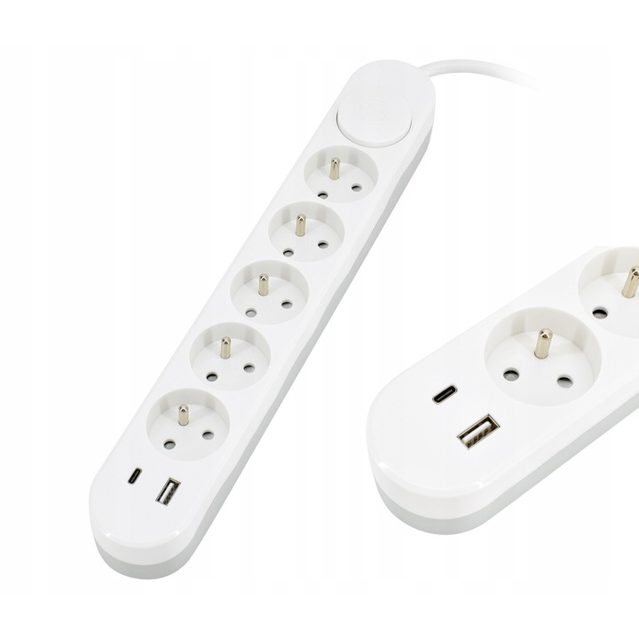 Разклонител 5 гнезда, 2xUSB A+C, 2м, 1.5мм, с превключвател