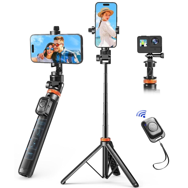 Trepied foto 2 in 1, LuckyLu®, Trepied telescopic, pentru telefon, camera si GoPro, telescopic cu telecomanda si husa pentru trasnport, compatibil cu Android si IOS, din aluminio, Negru, 31 x 157 cm
