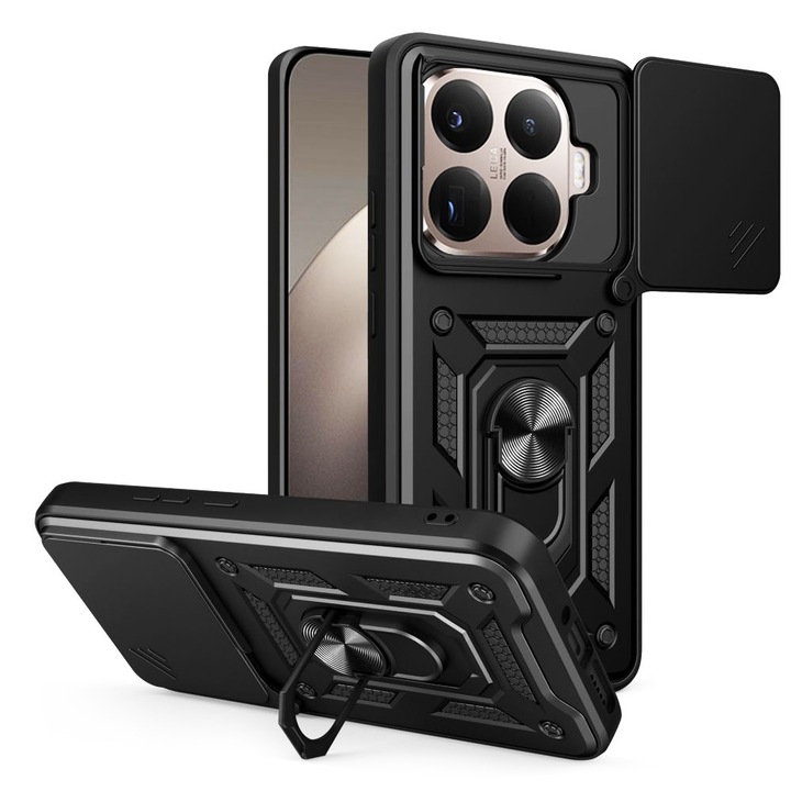 Калъф за Xiaomi 15T Pro DaDen Camshield, Kickstand, Slider Camera, Противоударен, Превъзходна защита, Въртящ се пръстен, Черен