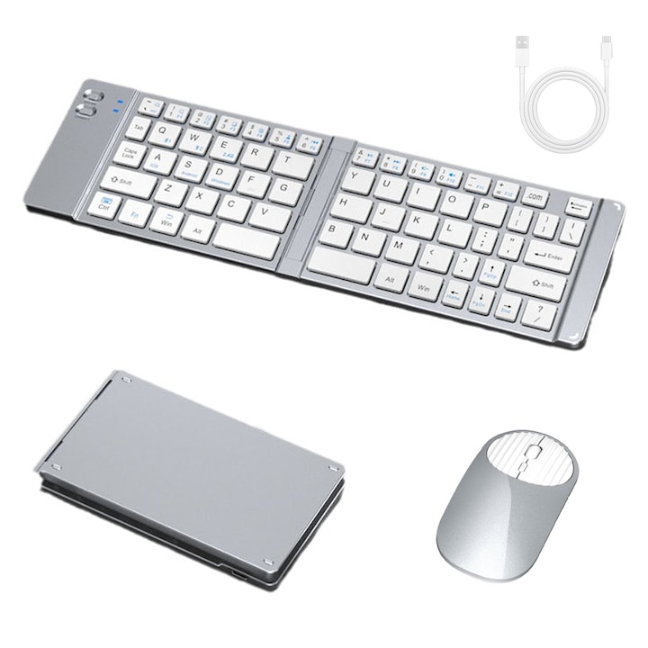 Univerzális Kombó Billentyűzet és Egér IDAMAKON Vezeték Nélküli Összecsukható Ultra Vékony Hordozható Billentyűzet 2 Szakaszban Összecsukható Bluetooth 3 Egyidejű Csatlakozás Kompatibilis Android iOS Tabletta PC Ezüst