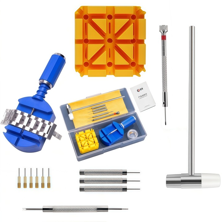 Set unelte ceasornicar, XONGSOR®, 54 unelte esentiale, material acoperit cu titan, inclusiv carte de instructiuni, Mieza + ciocanel + dorn + dispozitiv metalic pentru desfasurat curele + ax de ceas (ax de montare a curelei)