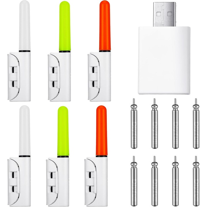 Pachet de 6 bete luminoase de pescuit cu LED, YDCY, lumini pentru undita de pescuit de noapte, bete luminoase de avertizare peste, cu 8 baterii reincarcabile CR425 si incarcator de baterii