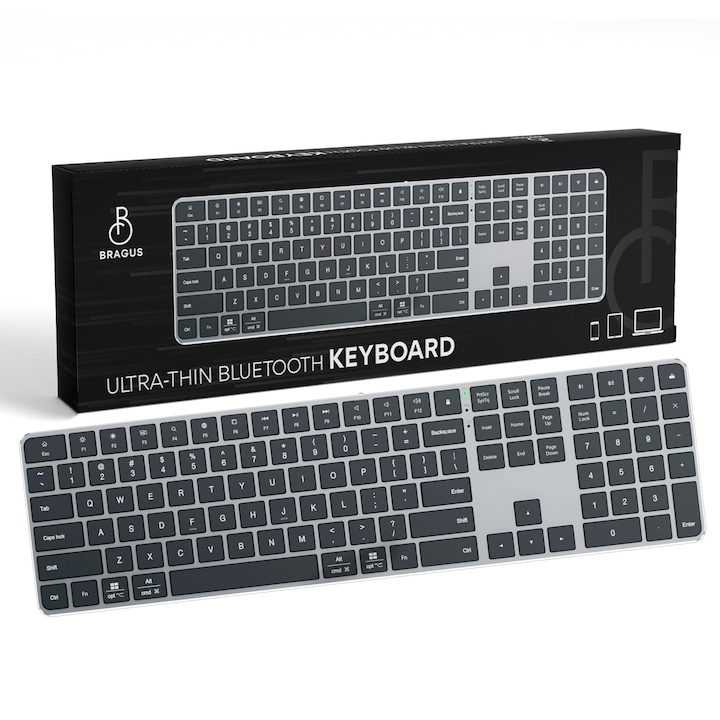Безжична презареждаща се клавиатура, Bragus, Bluetooth 5.2, USB, 500mAh, scissor switch, алуминий, едновременно свързване на 3 устройства, мултимедийни клавиши, съвместима с Windows, Mac, iOS, Android, Type-C, 495g, черен