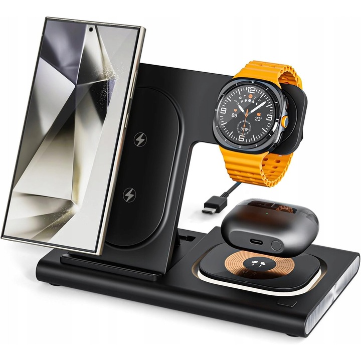 Incarcator wireless 3 in 1, Luka, pentru telefon, ceas si casti, 15W, design pliabil, lumina LED nocturna
