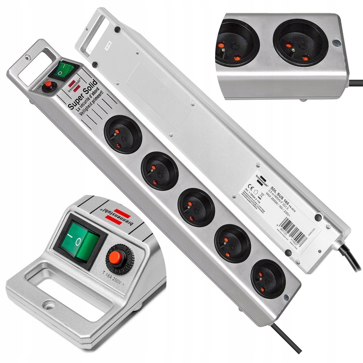 Prelungitor 5G Brennenstuhl Super-Solid 2,5m, 5 prize, culoare argintie, montare pe perete sau pe suprafata