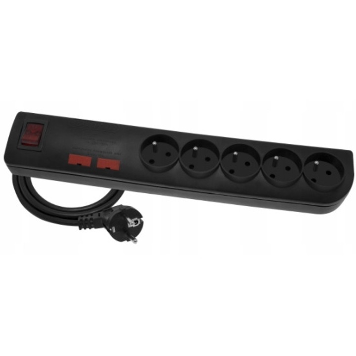 Prelungitor 5 prize cu protectie supratensiune, 2m, negru, cu intrerupator
